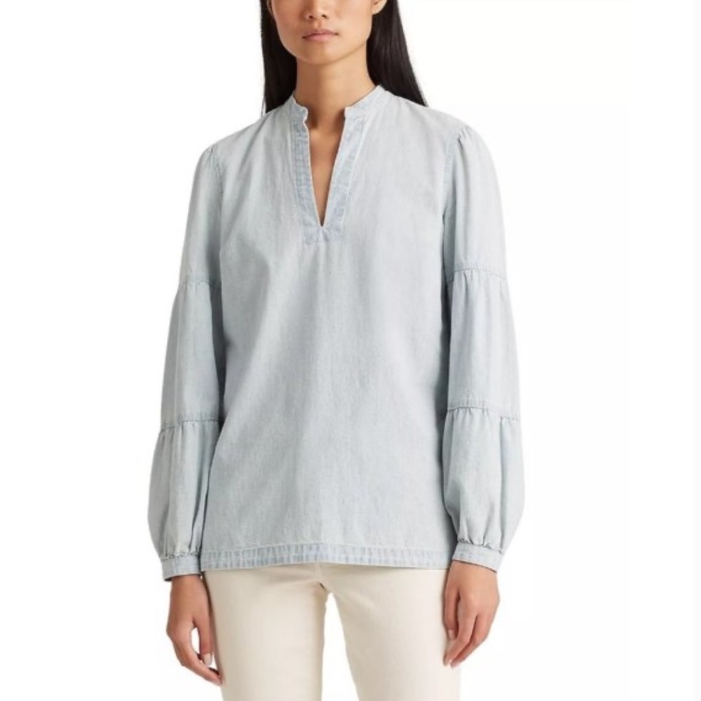 NEW with TAG Ralph Lauren Light Vintage Wash Chambray Tiered Sleeve V-Neck Sz S